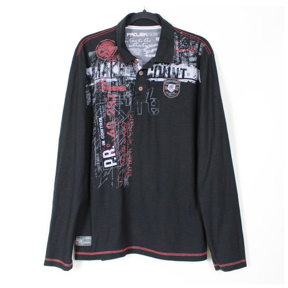 Project Raw Black Long Sleeve Graphic Printed Polo T-Shirt - Picture 1 of 16